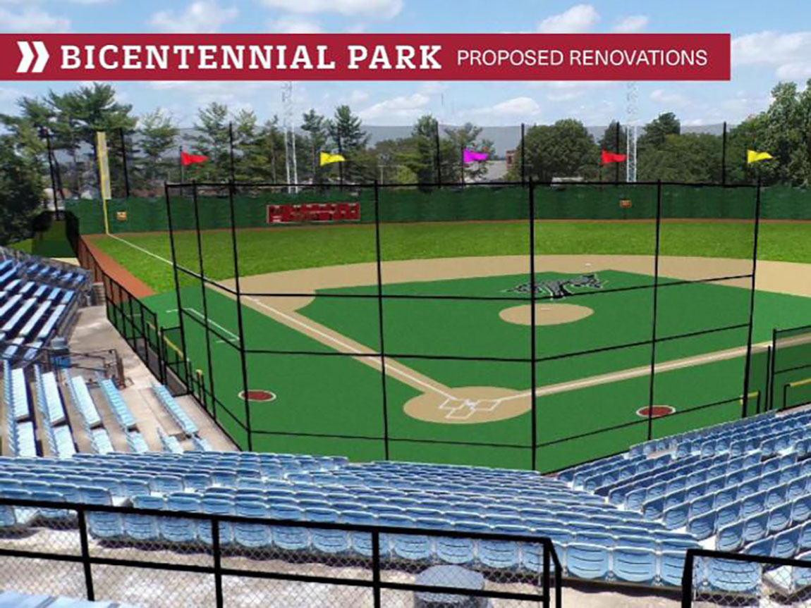 A rendering of a baseball field, from the bleachers behind home plate
